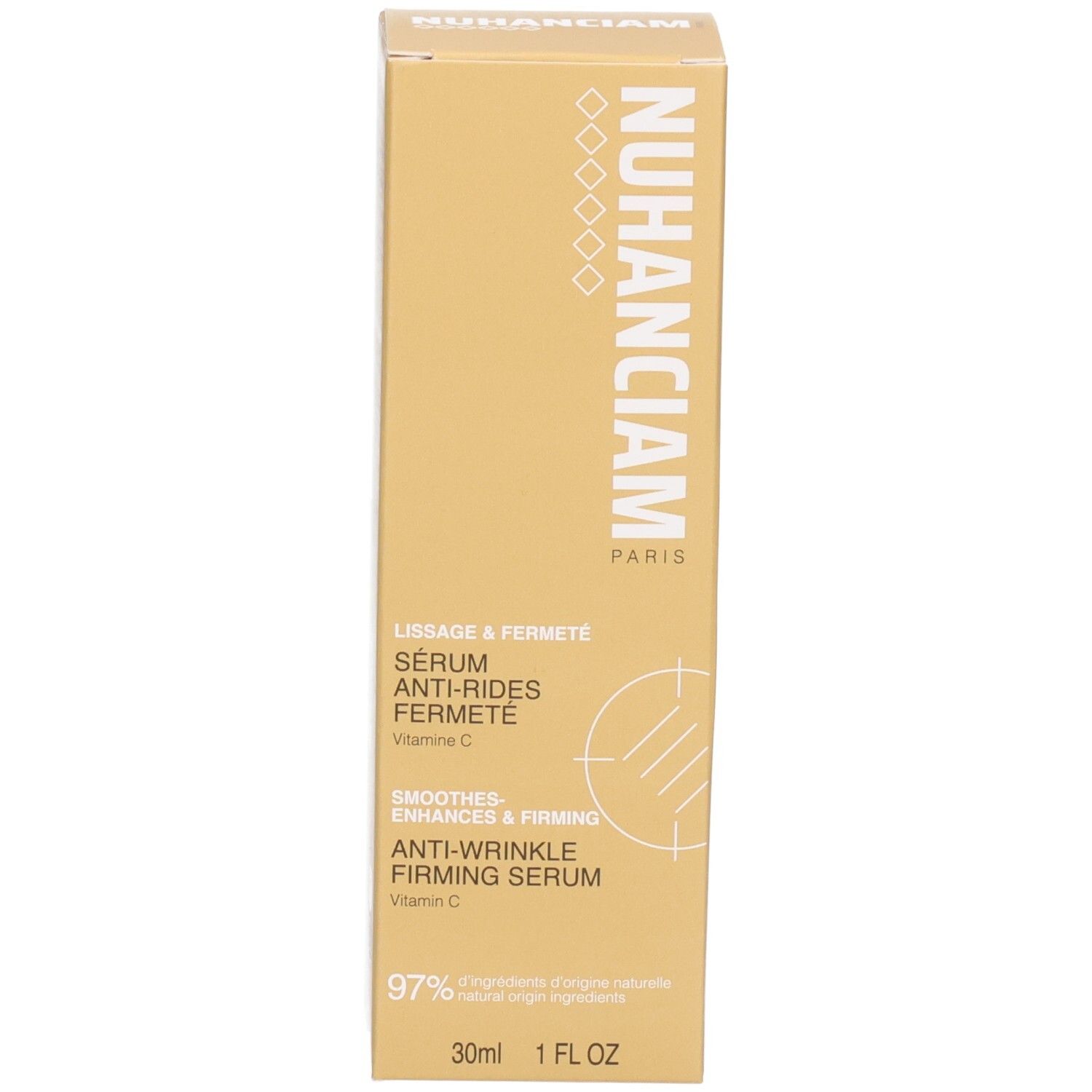 Sérum anti-rides fermeté Nuhanciam et son emballage, vitamine C, 30ml.