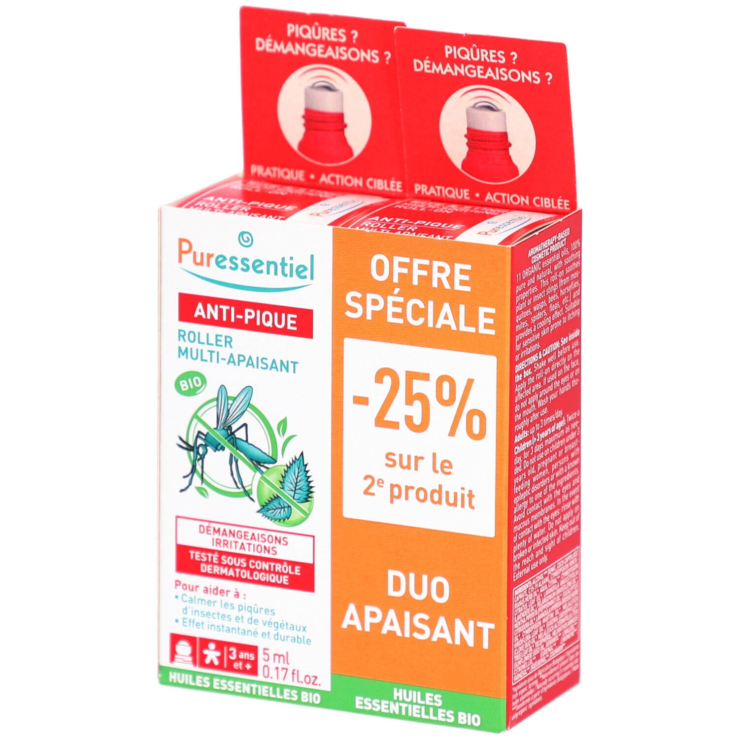 Boîte duo PURESSENTIEL ANTI-PIQUE. Offre spéciale -25%. Roll-ons rouges en haut. Ingrédients BIO.