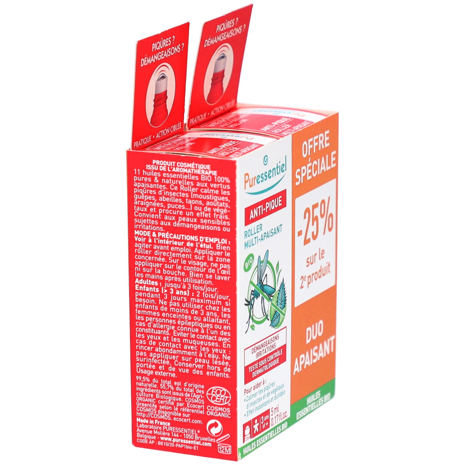 Vue latérale de la boîte PURESSENTIEL ANTI-PIQUE. Offre duo. Texte et logo. Certification BIO.