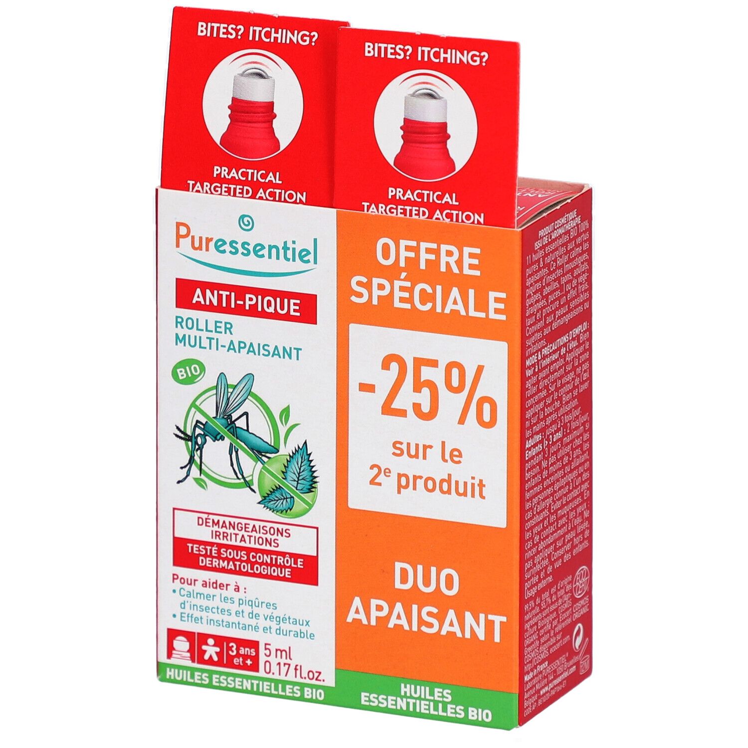 Boîte duo PURESSENTIEL ANTI-PIQUE. Offre spéciale -25%. Roll-ons rouges en haut. Ingrédients BIO.