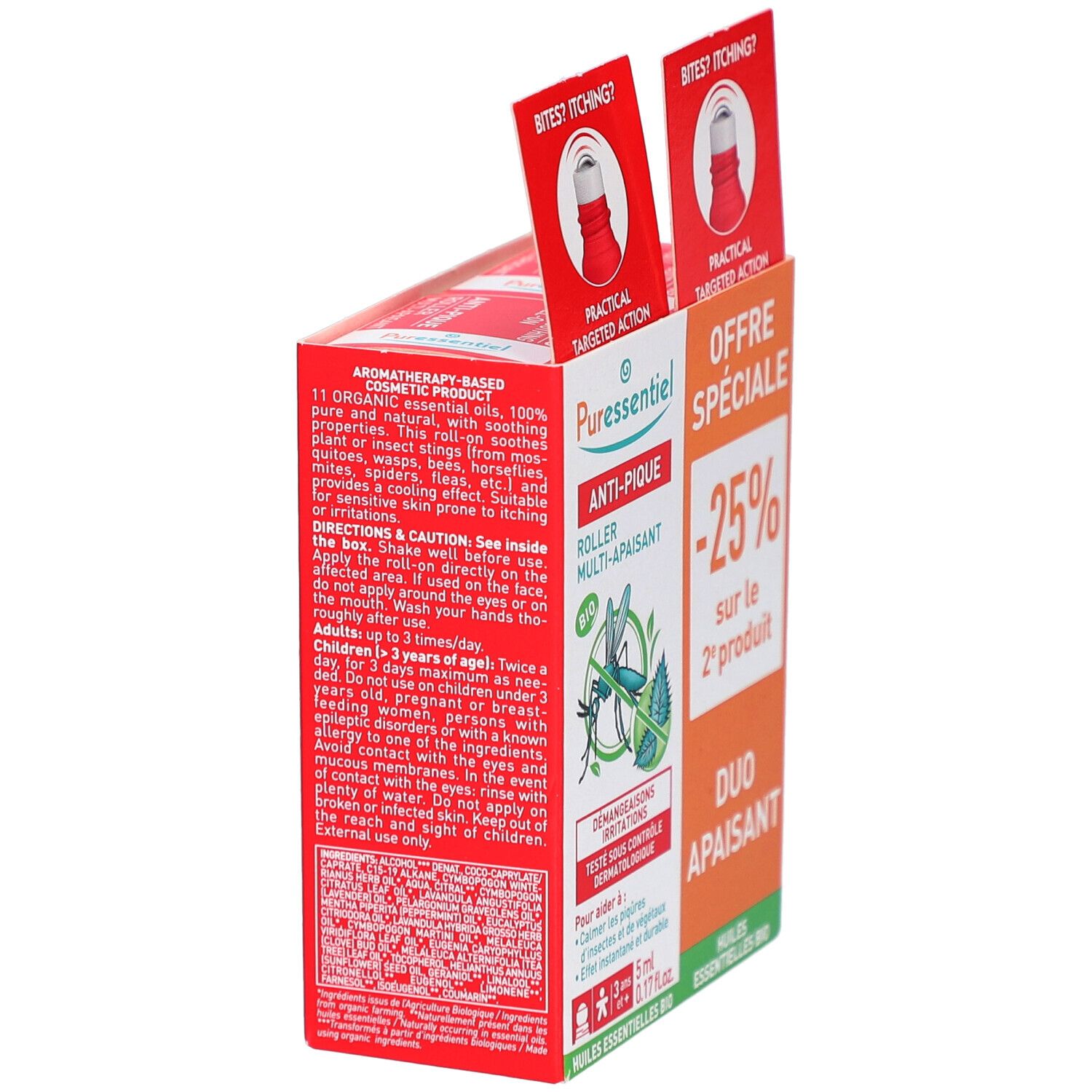 Boîte PURESSENTIEL ANTI-PIQUE avec deux roll-ons. Offre duo. Informations produit au dos.