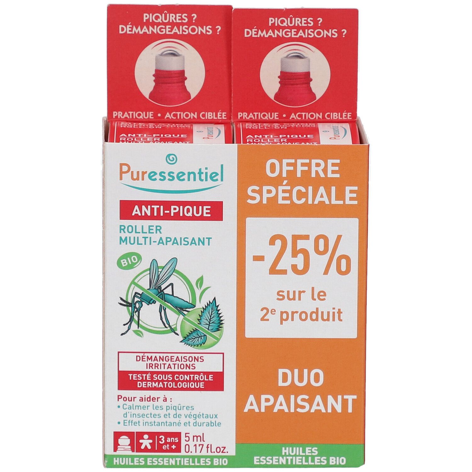 Boîte duo PURESSENTIEL ANTI-PIQUE. Offre spéciale -25%. Roll-ons rouges en haut. Ingrédients BIO.