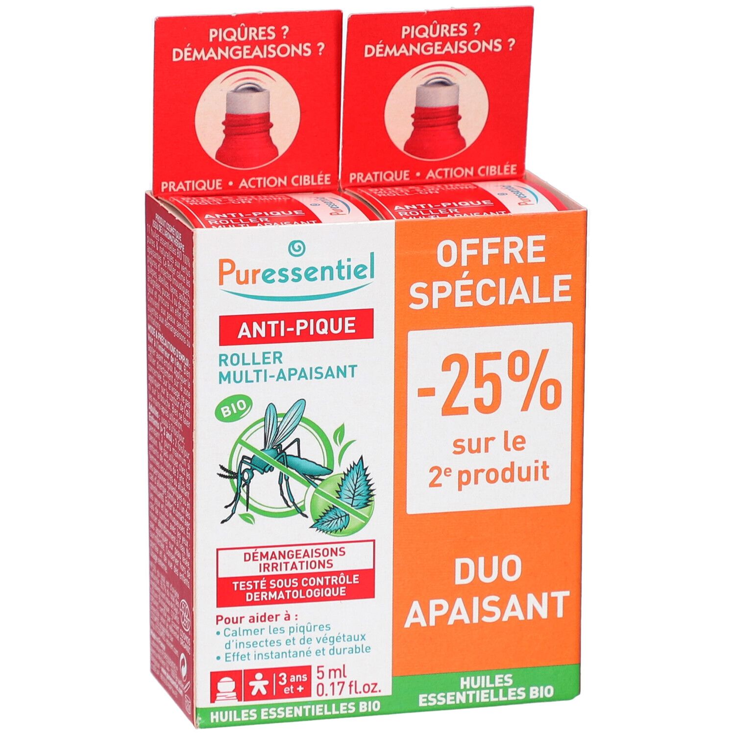 Boîte duo PURESSENTIEL ANTI-PIQUE. Offre spéciale -25%. Roll-ons rouges en haut. Ingrédients BIO.