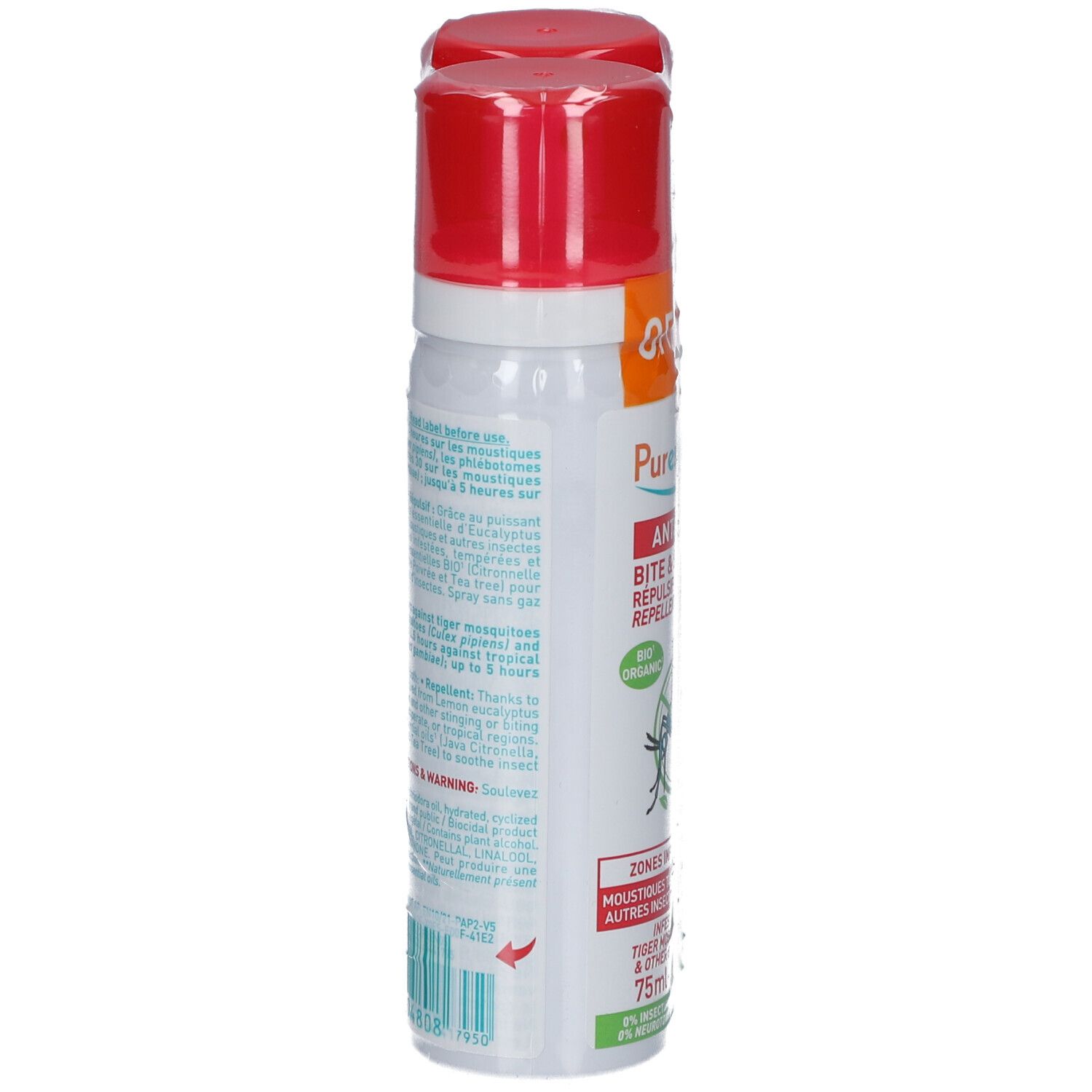 Deux sprays rouges. Inscription: PURESSENTIEL Anti-Pique. Dos avec texte et avertissements.