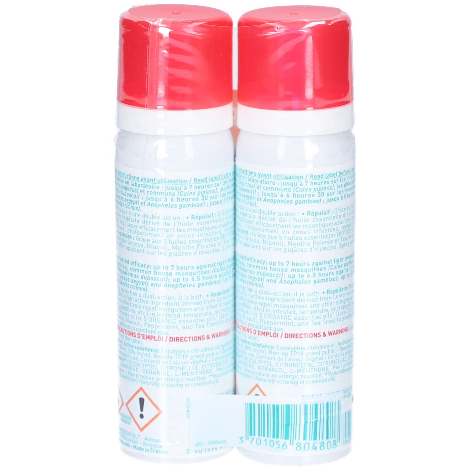 Deux sprays rouges. Dos avec texte et avertissements. Pack duo.