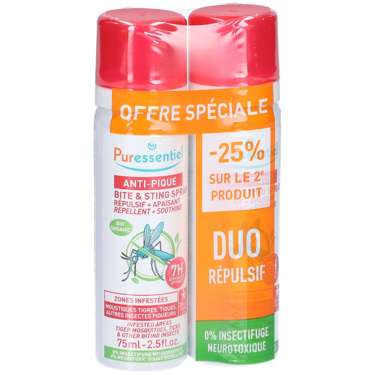 Deux sprays rouges. Inscription: PURESSENTIEL Anti-Pique, Duo Répulsif. Offre spéciale: -25% sur le 2ème produit.