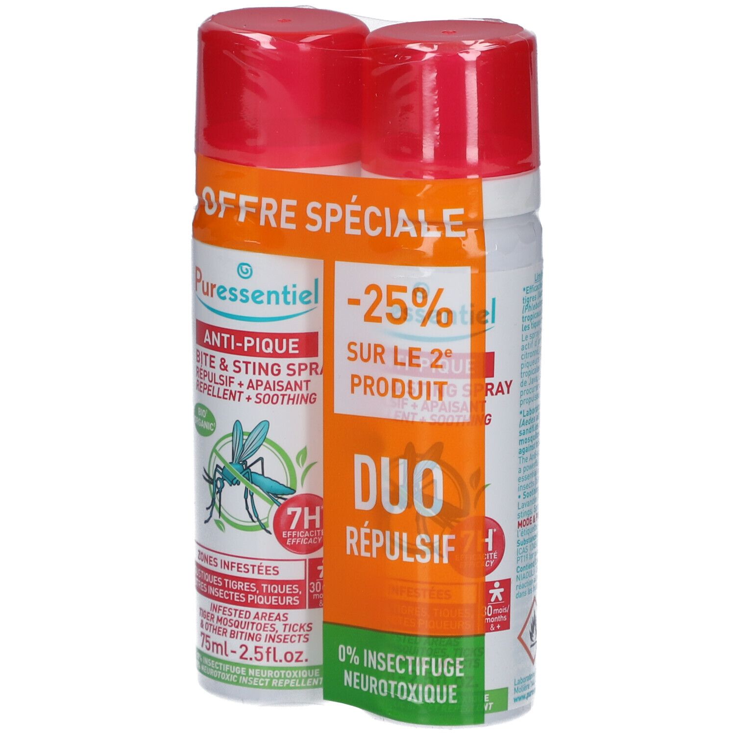 Deux sprays rouges. Inscription: PURESSENTIEL Anti-Pique, Duo Répulsif. Offre spéciale: -25% sur le 2ème produit.