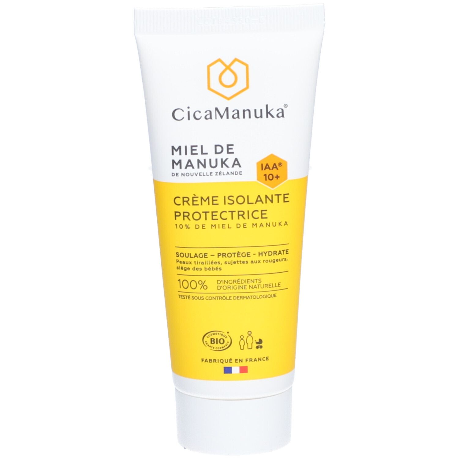 Tube de crème blanc et jaune. Texte: CicaManuka, Crème Isolante Protectrice, IAA 10+. Logo bio.