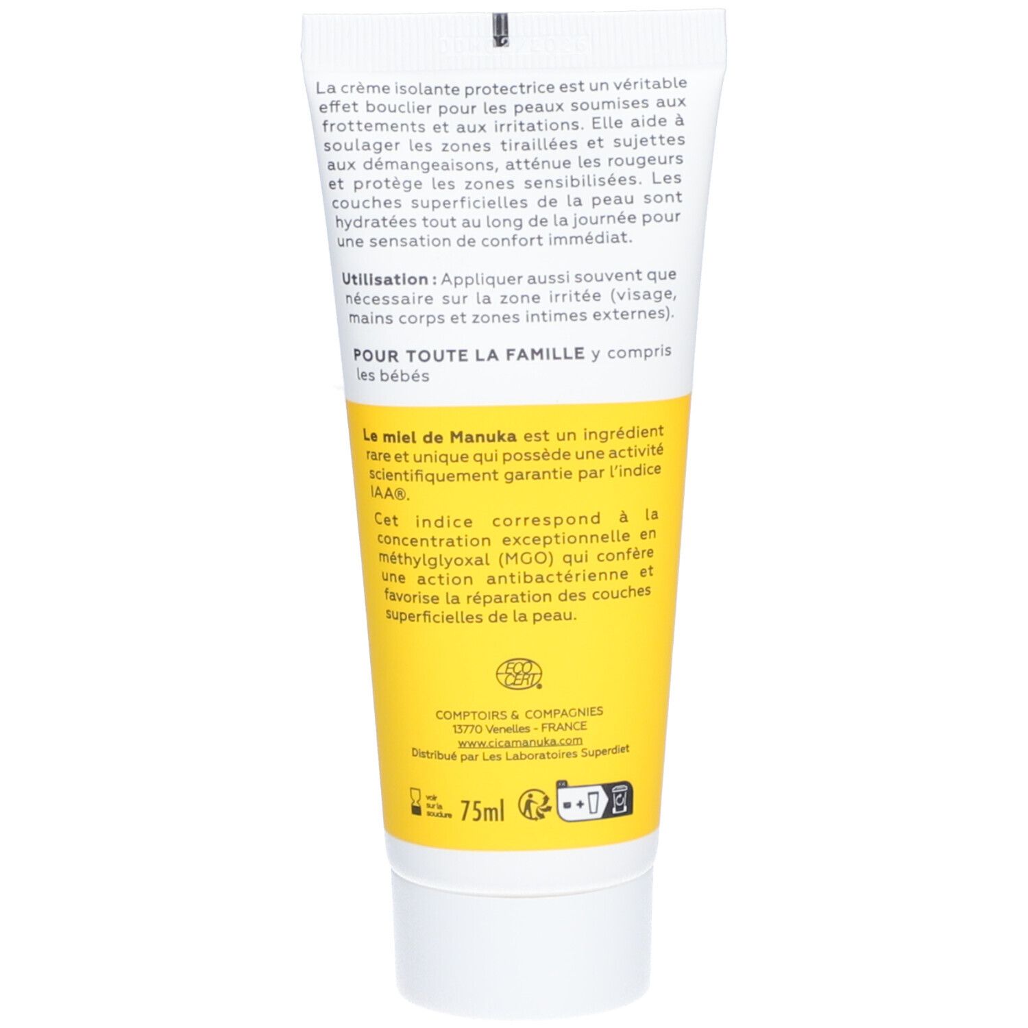Dos du tube de crème. Texte: 75ml, ingrédients, certification bio, informations fabricant.