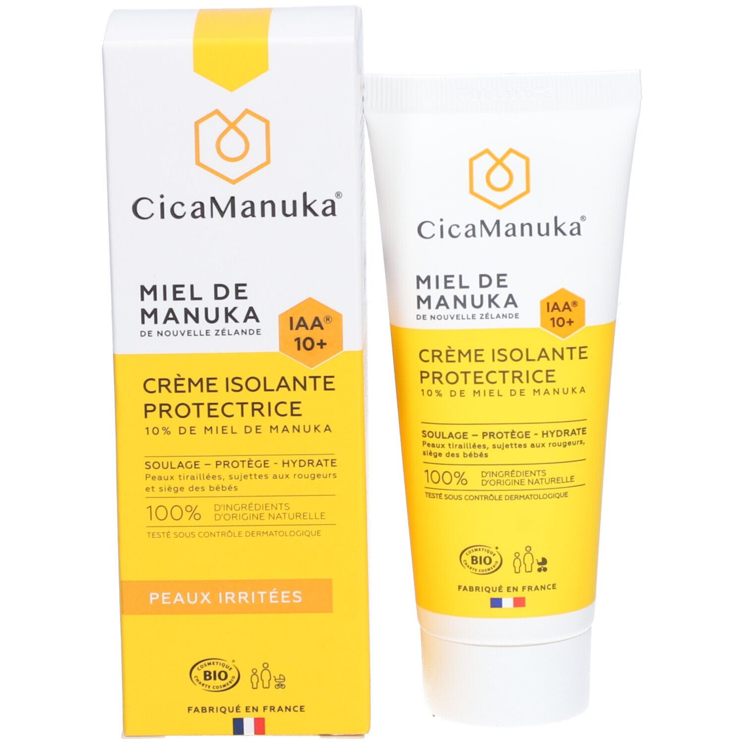 Emballage et tube. Emballage: jaune et blanc, Texte: CicaManuka, Crème Isolante Protectrice, IAA 10+. Logo bio.