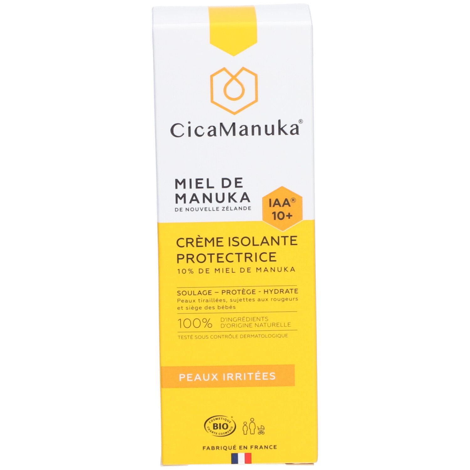 Emballage du produit. Jaune et blanc. Texte: CicaManuka, Crème Isolante Protectrice, IAA 10+. Logo bio.