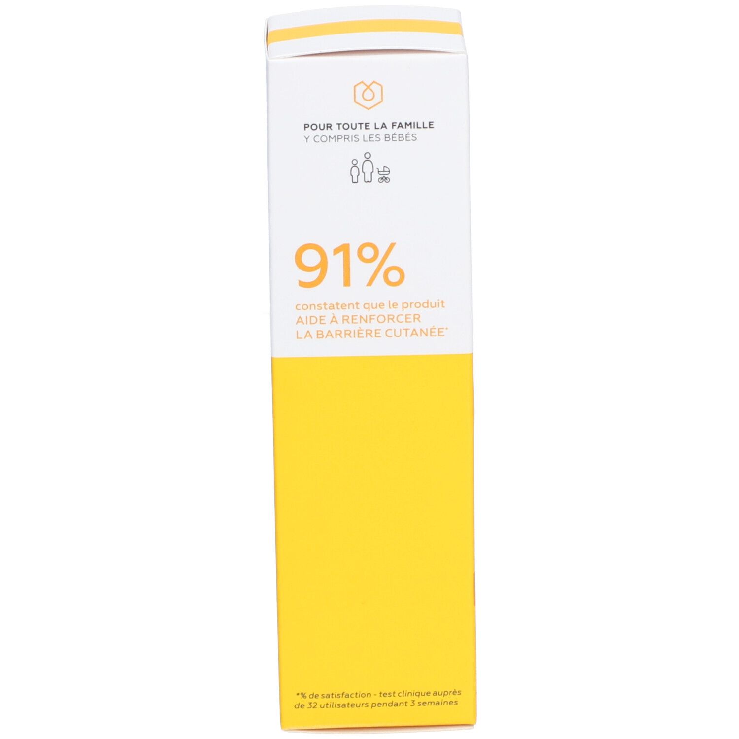 Emballage du produit. Texte: 91% confirment que le produit aide à renforcer la barrière cutanée.