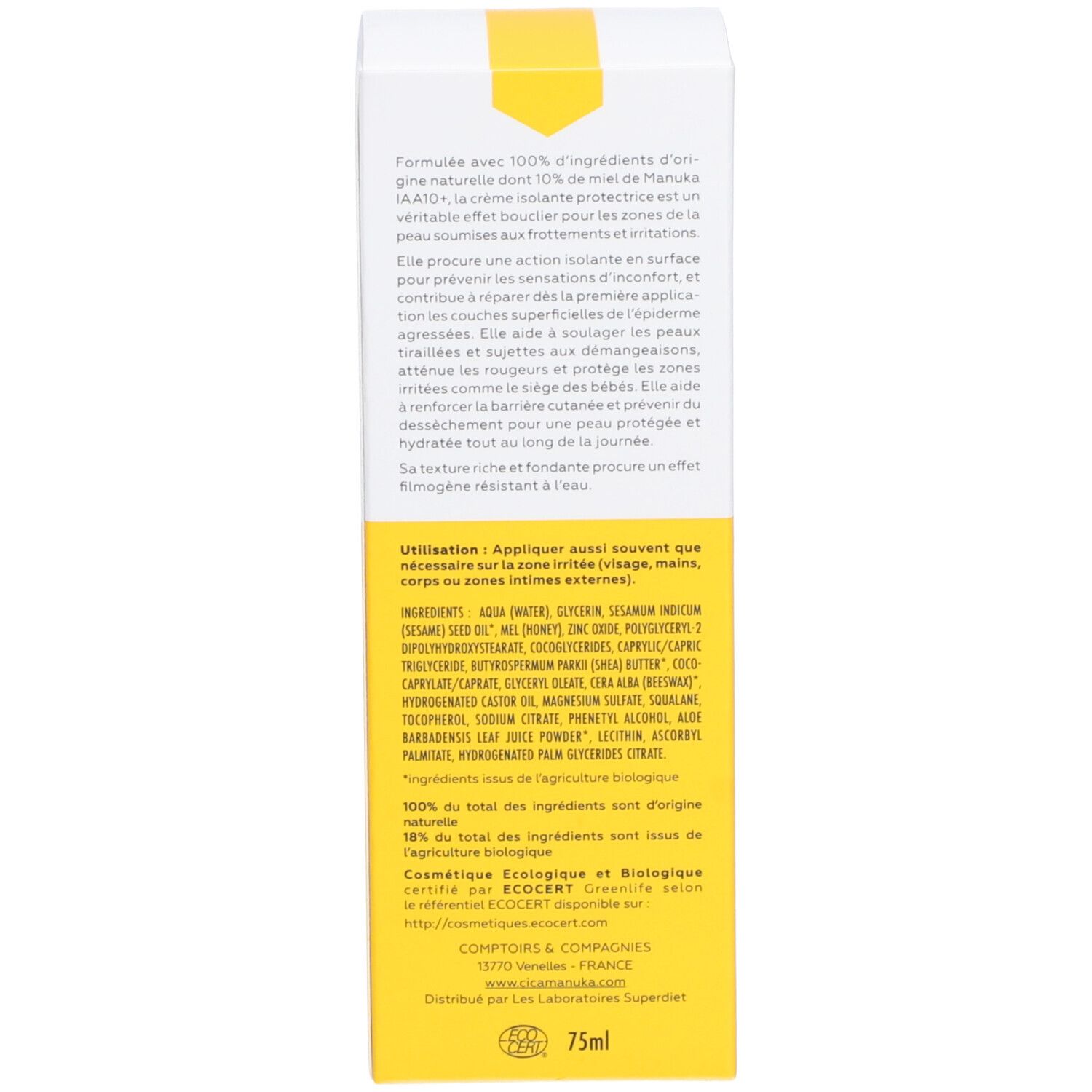 Dos de l'emballage du produit. Texte: Ingrédients, instructions d'utilisation, certification bio, 75ml.