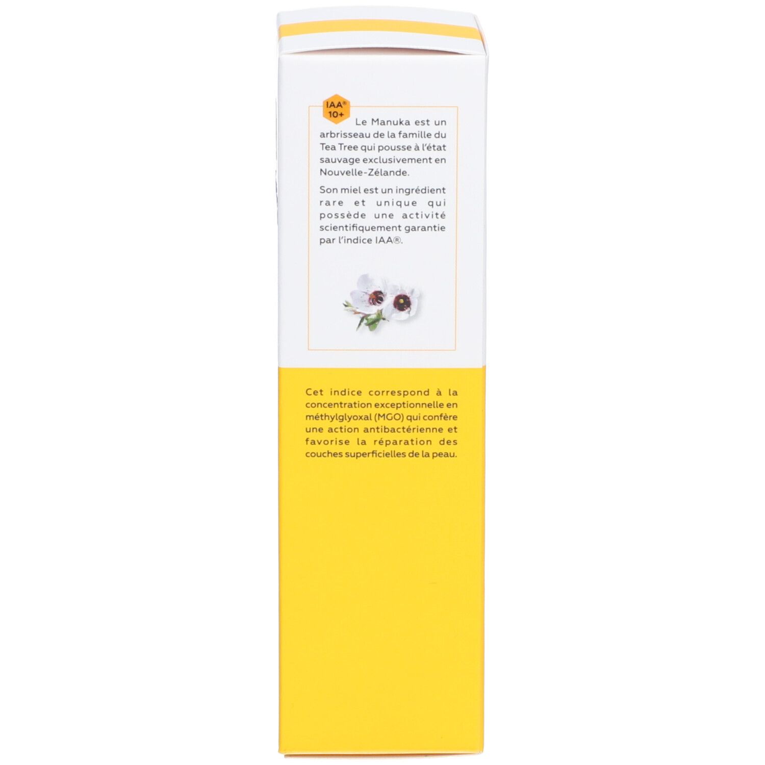 Emballage du produit. Texte: Informations sur le miel de Manuka et l'indice IAA 10+.