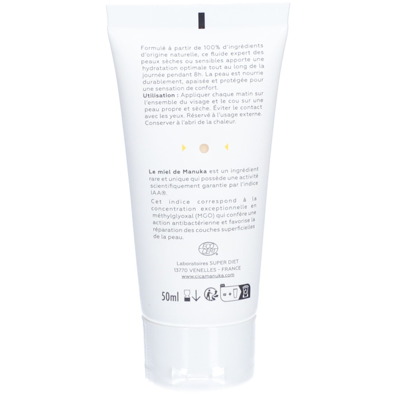 Dos du tube blanc. Texte: Formulé avec 100% d'ingrédients naturels. Contient du miel de Manuka. 50ml. Certification COSMOS NATURAL.