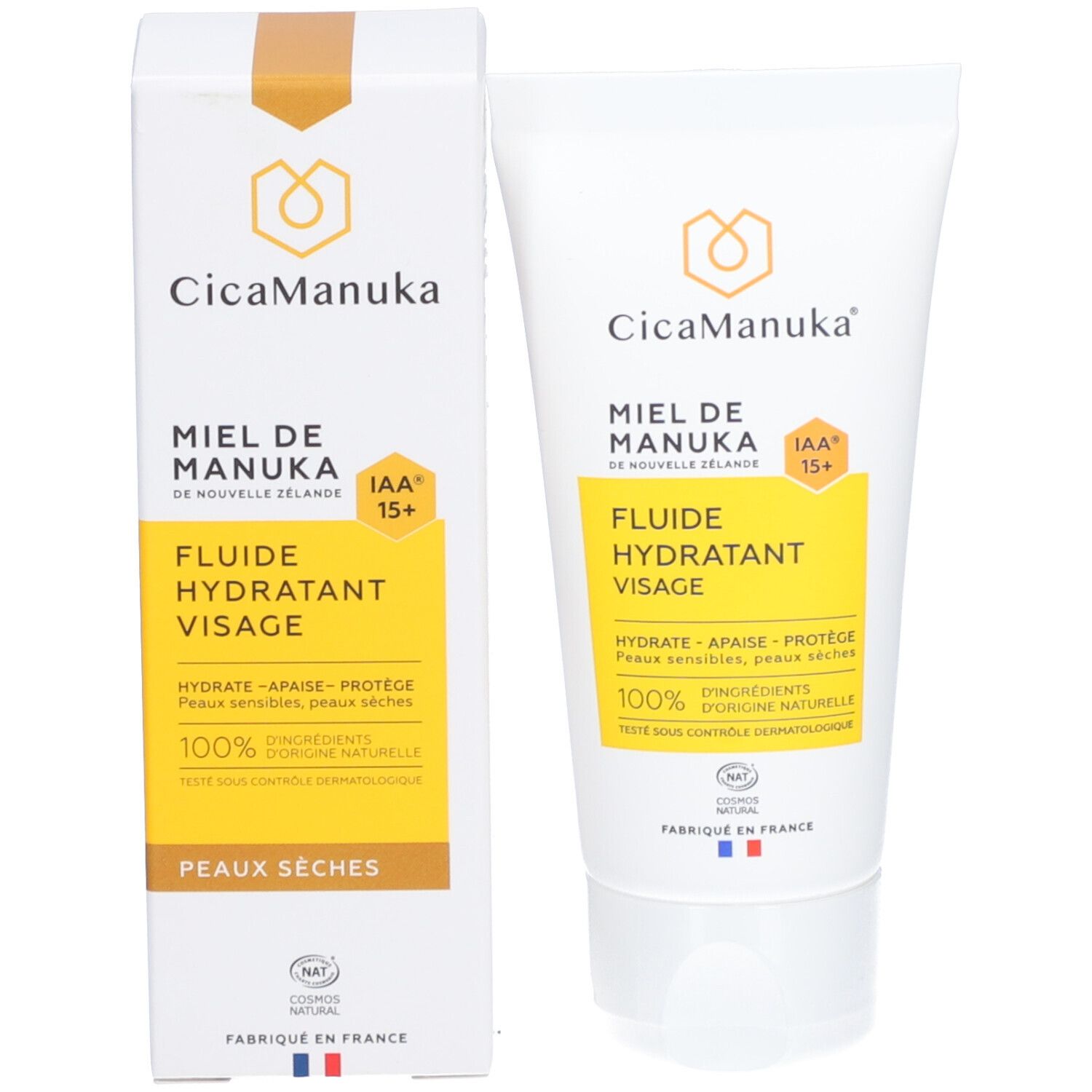 Emballage du produit: tube et boîte. Inscription: CicaManuka, miel de Nouvelle-Zélande, IAA15+, fluide hydratant visage. 100% ingrédients naturels. Peaux sèches.