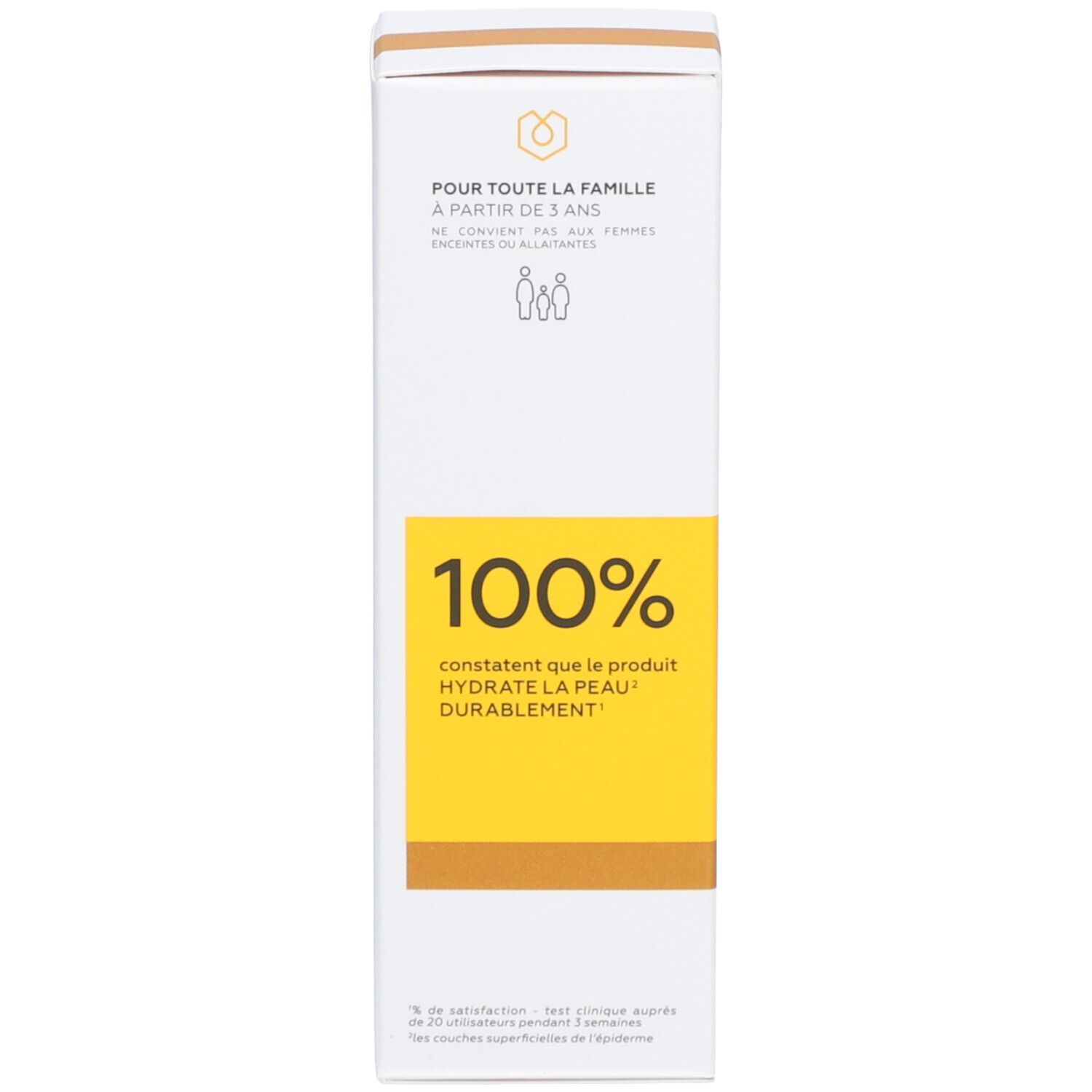 Boîte blanche. Texte: Pour toute la famille à partir de 3 ans. 100% constatent que le produit hydrate durablement la peau.