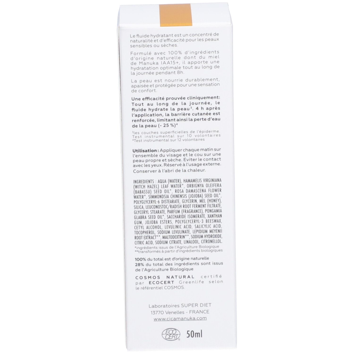 Dos de la boîte. Texte: Fluide hydratant avec 100% d'ingrédients naturels. Contient du miel de Manuka. Certification COSMOS NATURAL.