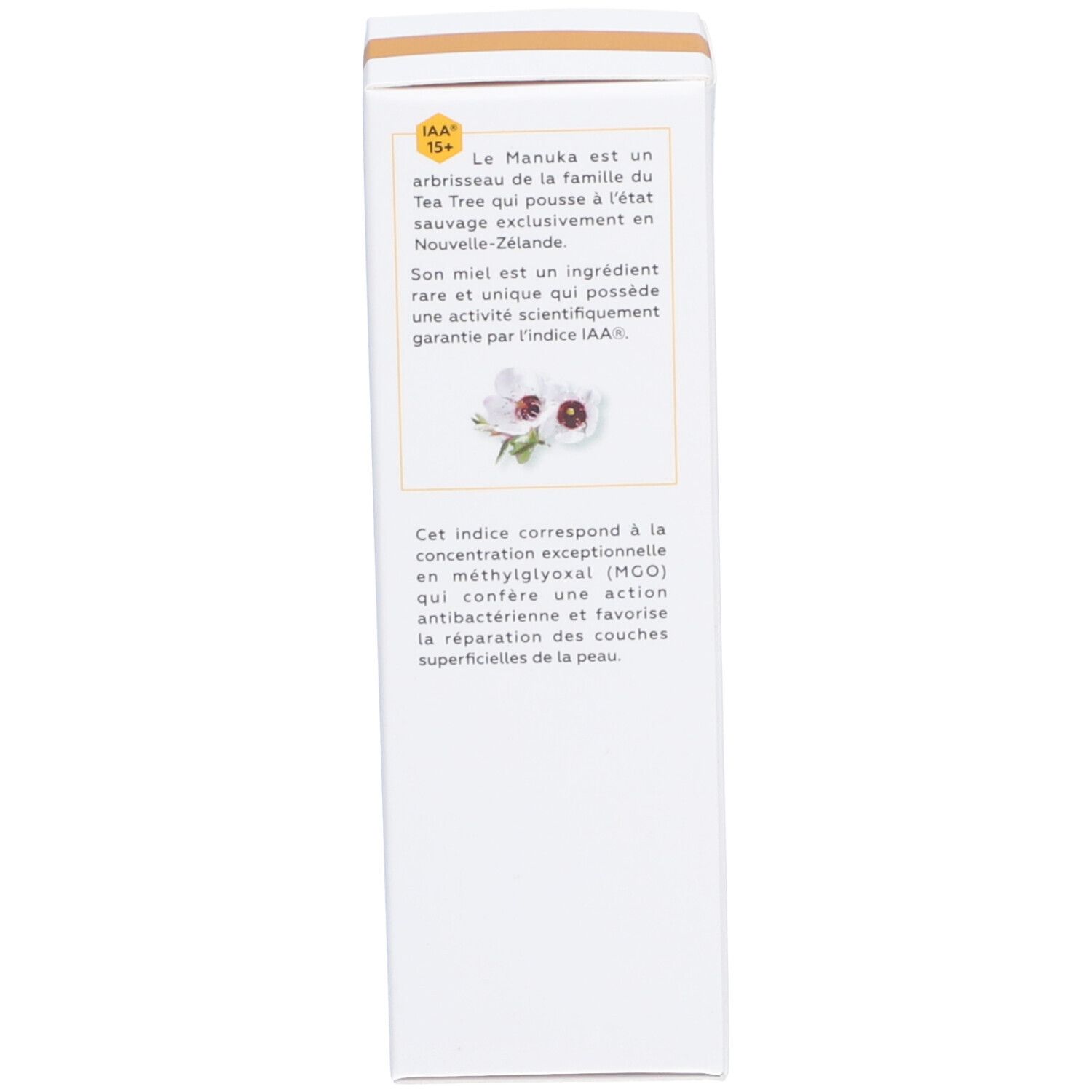 Dos de la boîte. Texte: Miel de Manuka, un ingrédient unique. Indice IAA15+. Illustration de fleurs.