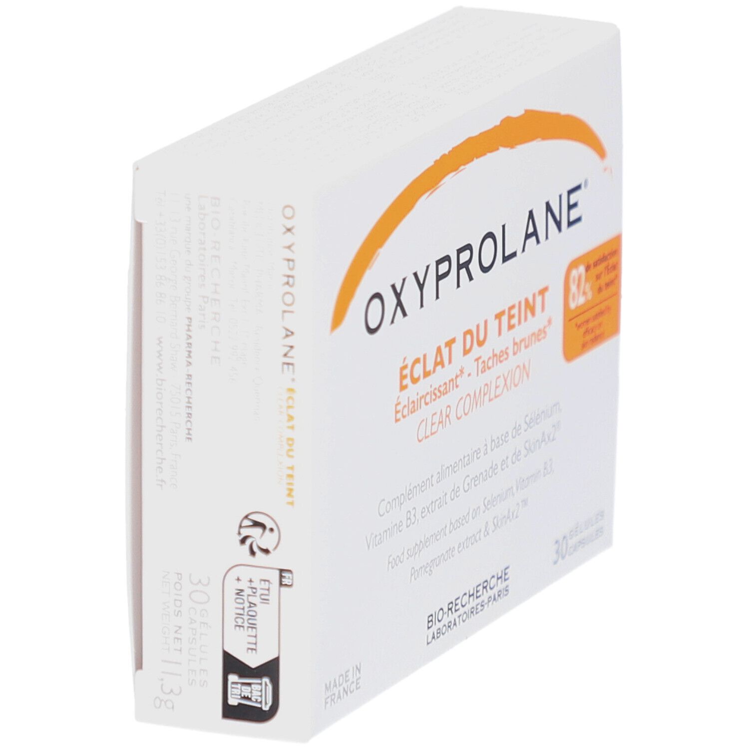 Boîte OXYPROLANE, vue en biais. Arc orange, texte. 30 gélules. BIO-RECHERCHE. Fabriqué en France.