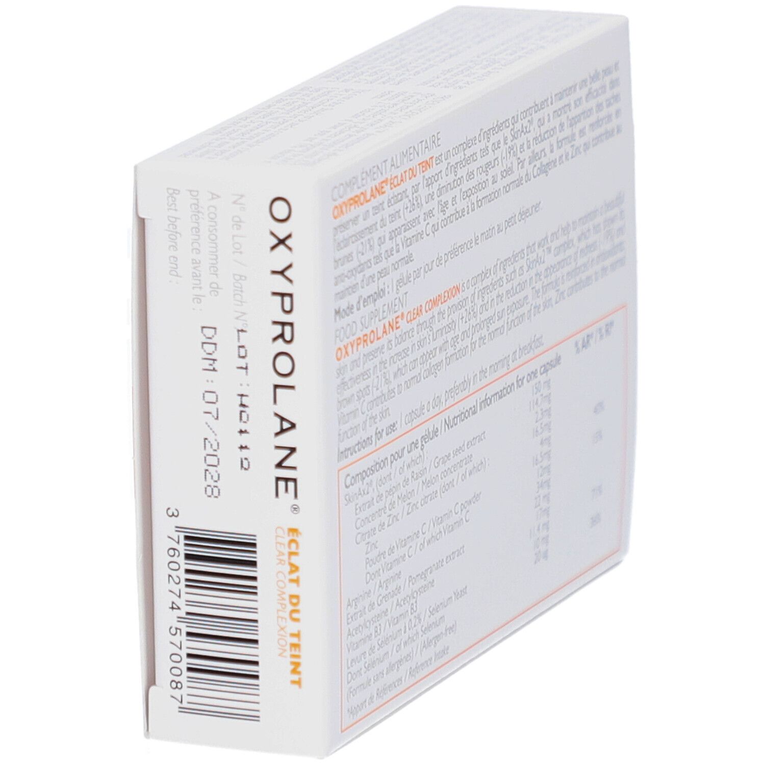 Boîte OXYPROLANE, vue en biais. Texte, liste des ingrédients. BIO-RECHERCHE. DDM 07/2028.