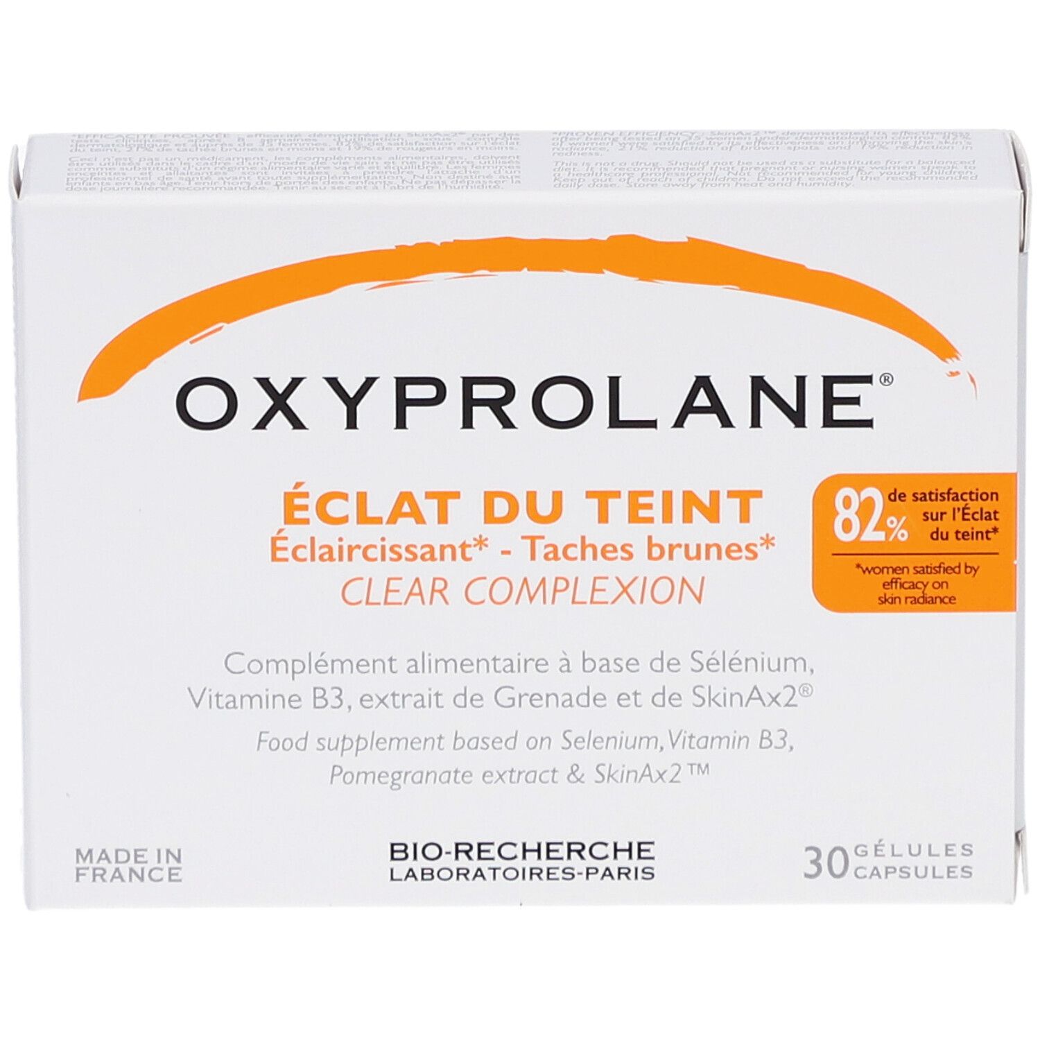 Boîte blanche avec arc orange et texte. OXYPROLANE, ÉCLAT DU TEINT, CLEAR COMPLEXION. 30 gélules. BIO-RECHERCHE.