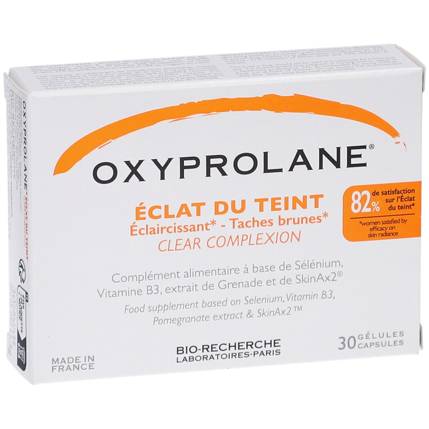 Boîte blanche avec arc orange et texte. OXYPROLANE, ÉCLAT DU TEINT, CLEAR COMPLEXION. 30 gélules. BIO-RECHERCHE.
