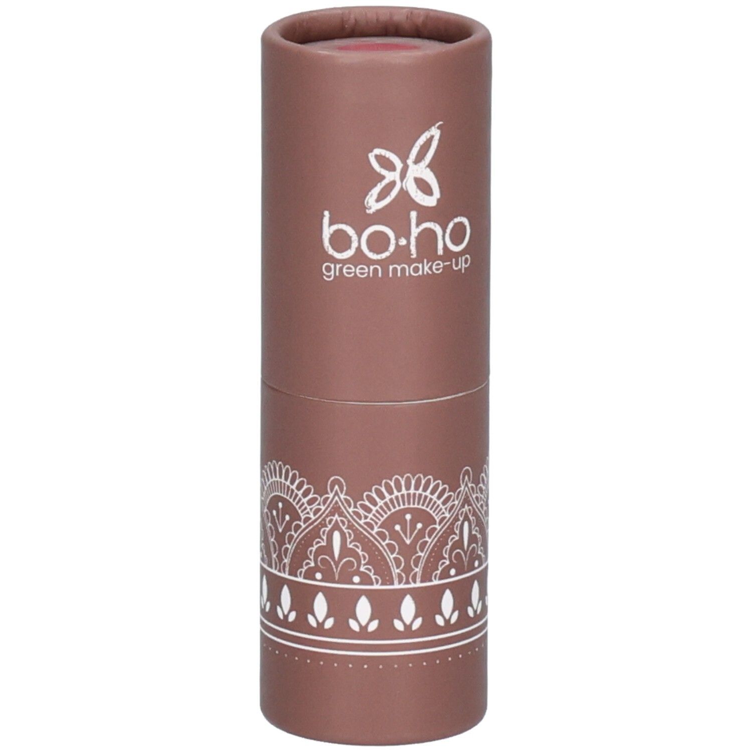 Emballage cylindrique marron avec motif blanc et logo. Contient du fard à joues. Marque : bo-ho green make-up.
