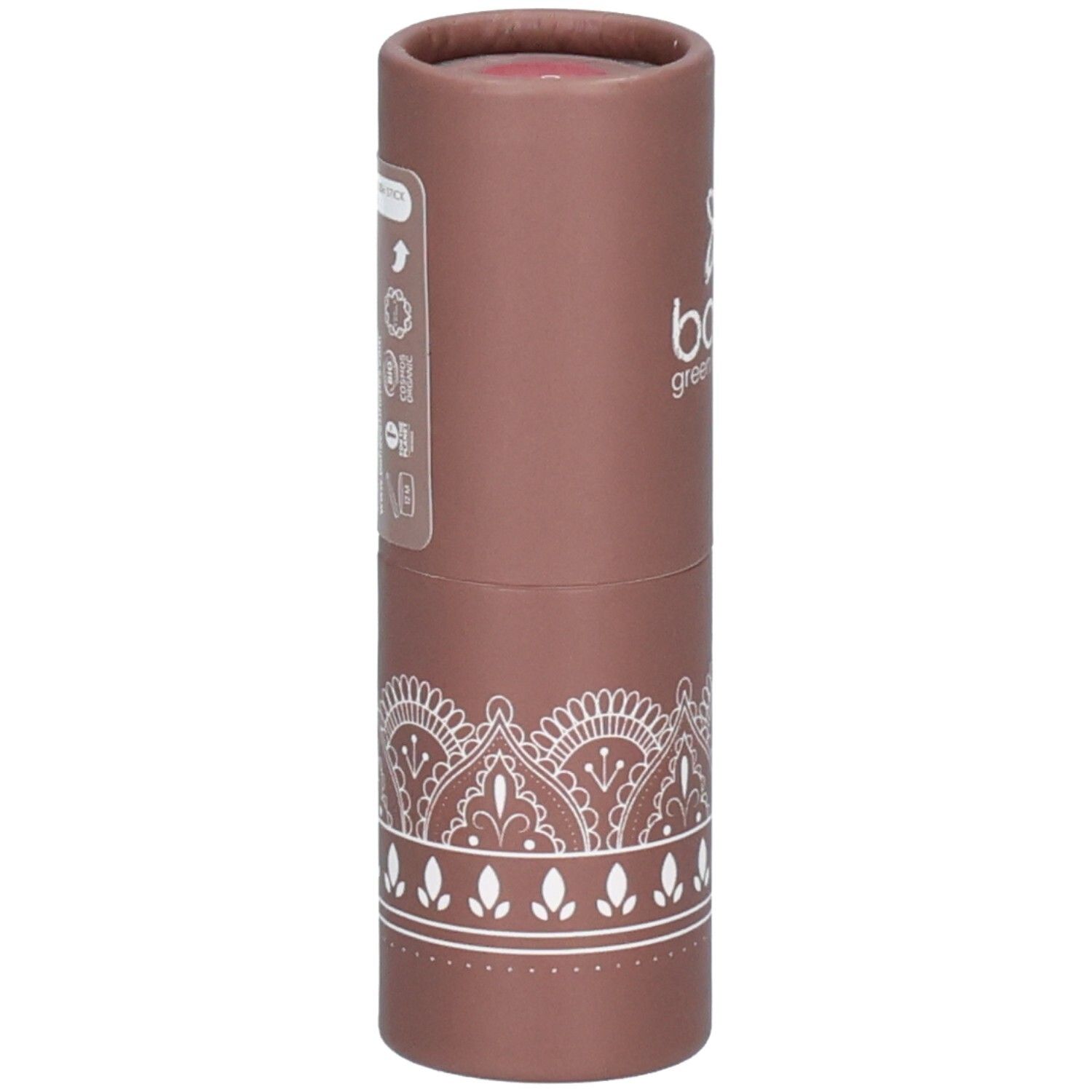 Emballage cylindrique marron avec étiquette. Contient du fard à joues. Marque : bo-ho green make-up. Avec certifications.