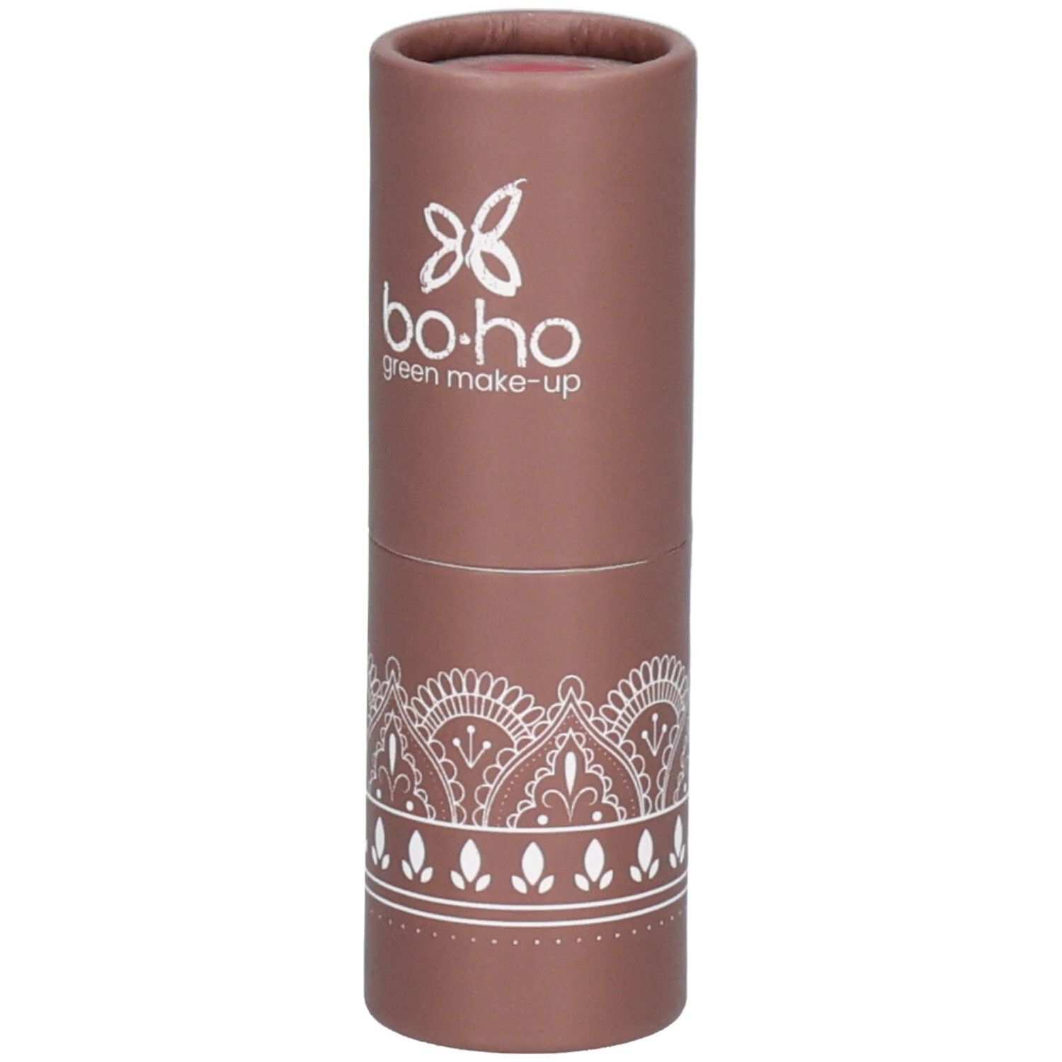 Emballage cylindrique marron avec motif blanc et logo. Contient du fard à joues. Marque : bo-ho green make-up.