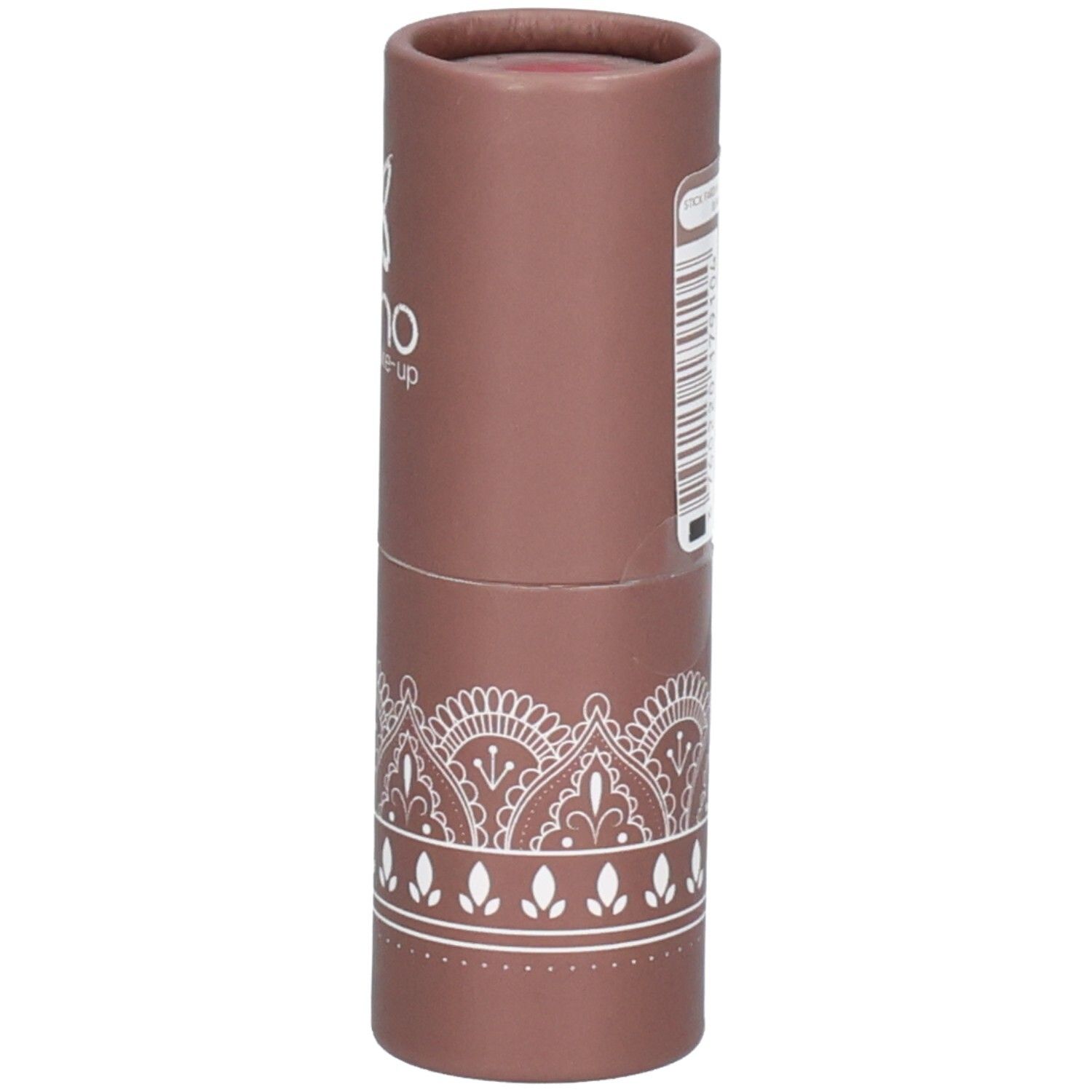 Emballage cylindrique marron avec étiquette. Contient du fard à joues. Marque : bo-ho green make-up. Avec informations produit.