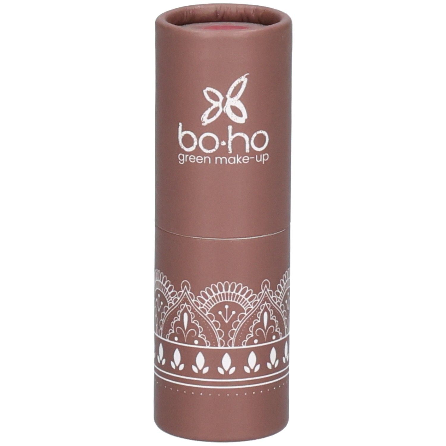 Emballage cylindrique marron avec motif blanc et logo. Contient du fard à joues. Marque : bo-ho green make-up.