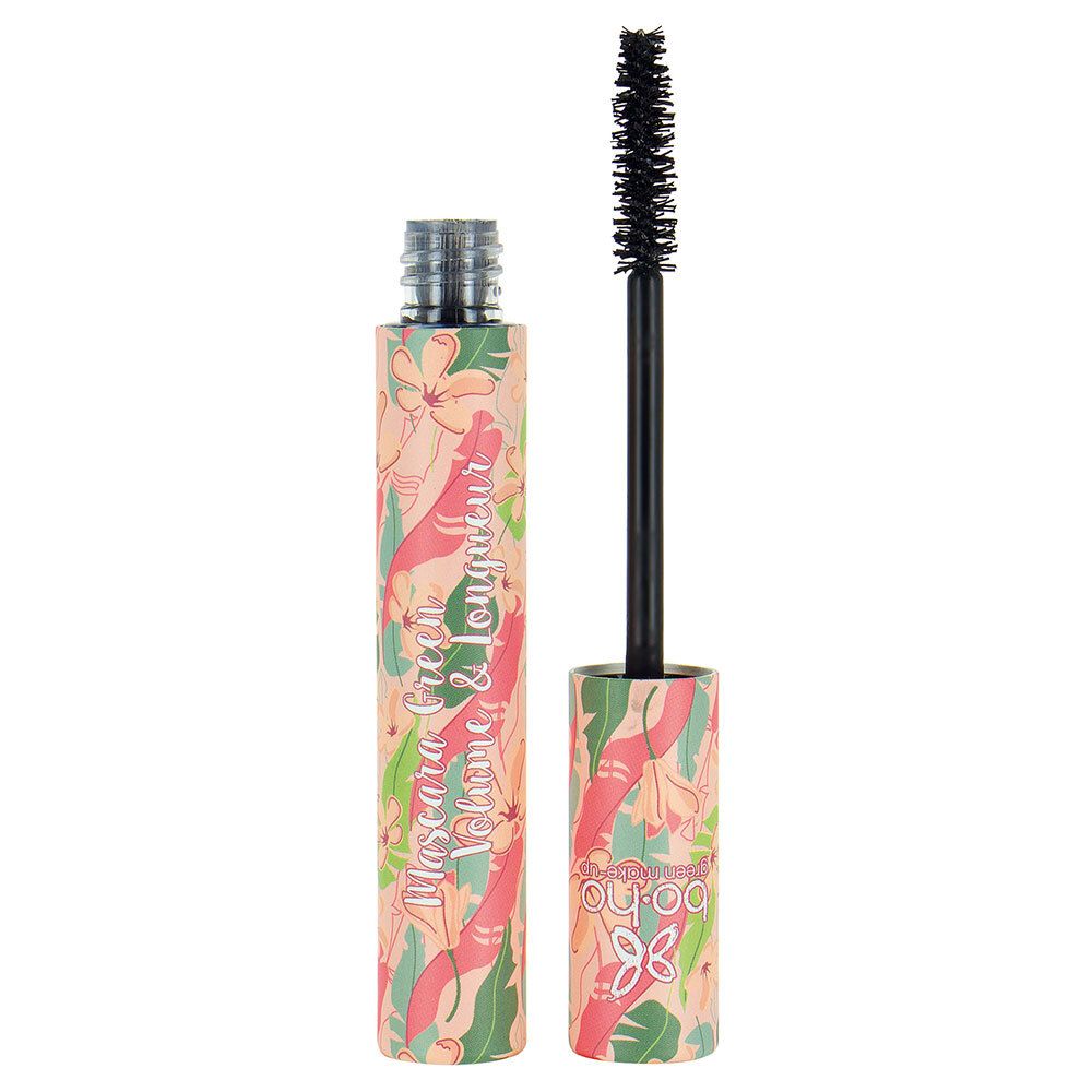 Mascara noire avec brosse. Inscription: Mascara Green Volume & Longueur. Emballage à motifs floraux.
