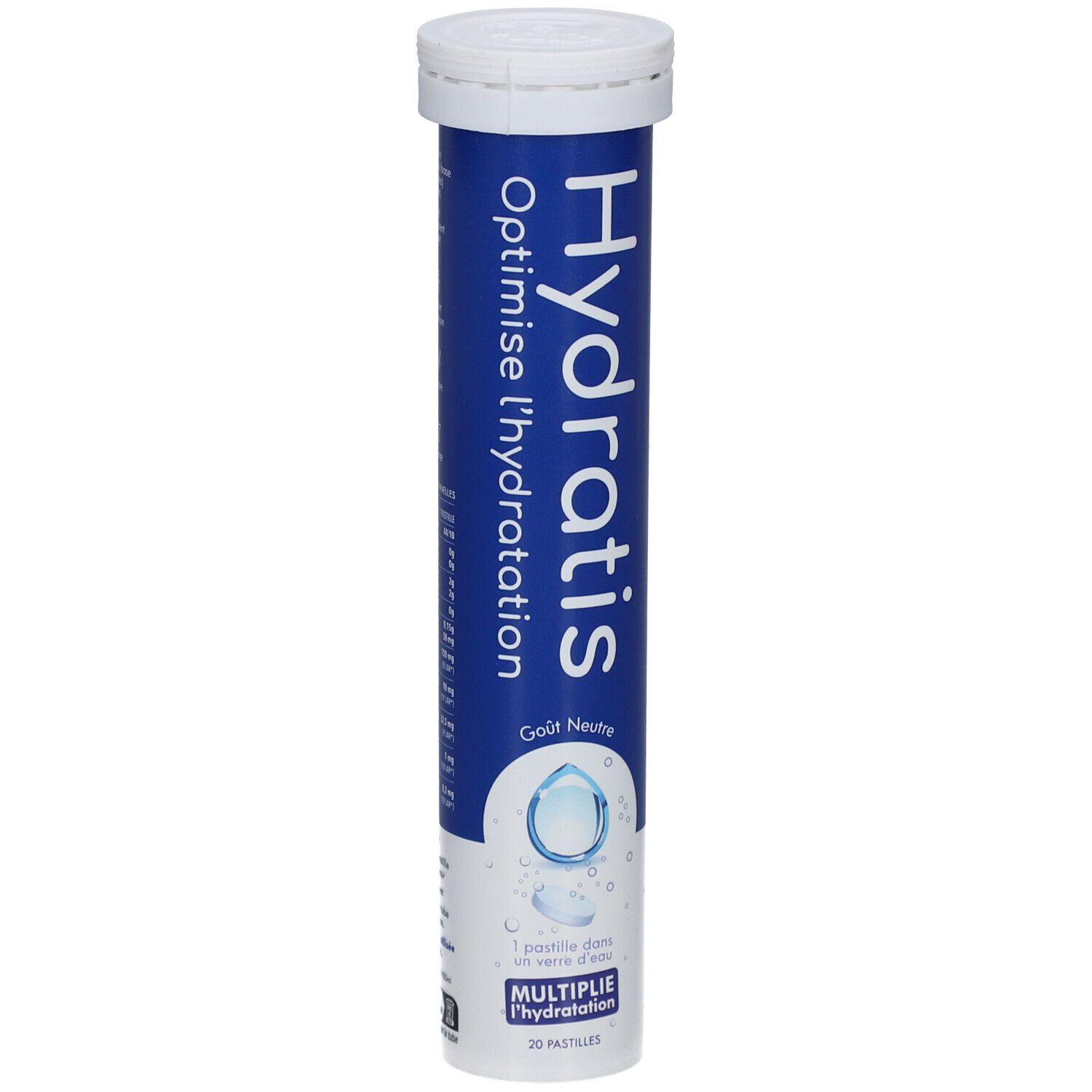 Tube bleu avec bouchon blanc. Inscription: Hydratis, Optimise l'hydratation, Goût Neutre. 20 pastilles.