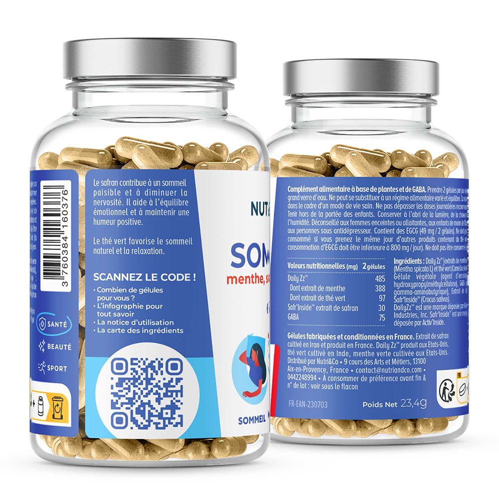 Flacon en verre de 60 gélules pour le sommeil, avec étiquette indiquant "Sommeil" et les ingrédients.