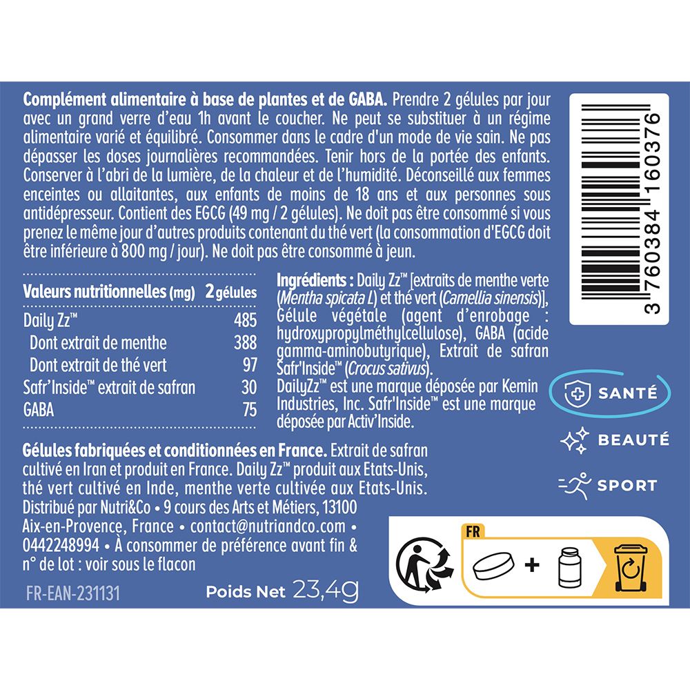 Arrière d'un flacon en verre de 60 gélules pour le sommeil, avec informations détaillées et QR code.