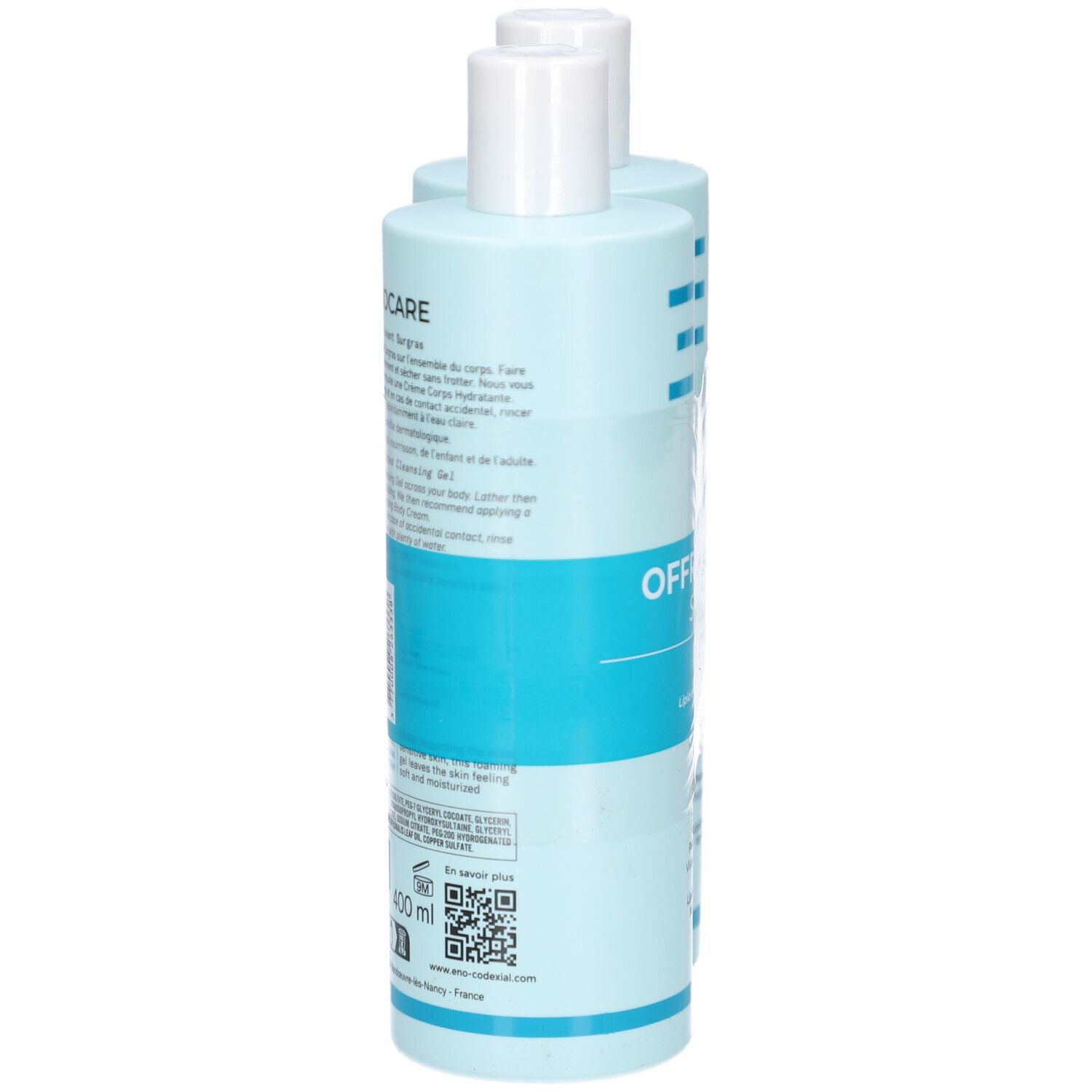 Deux flacons bleu clair avec bouchons blancs, partiellement emballés. Inscription : ENOCARE, informations produit.