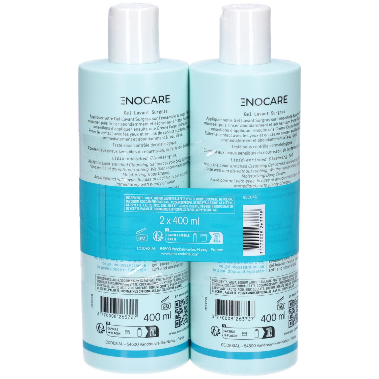 Deux flacons bleu clair avec bouchons blancs, emballés. Inscription : ENOCARE, 2 x 400 ml, informations produit.
