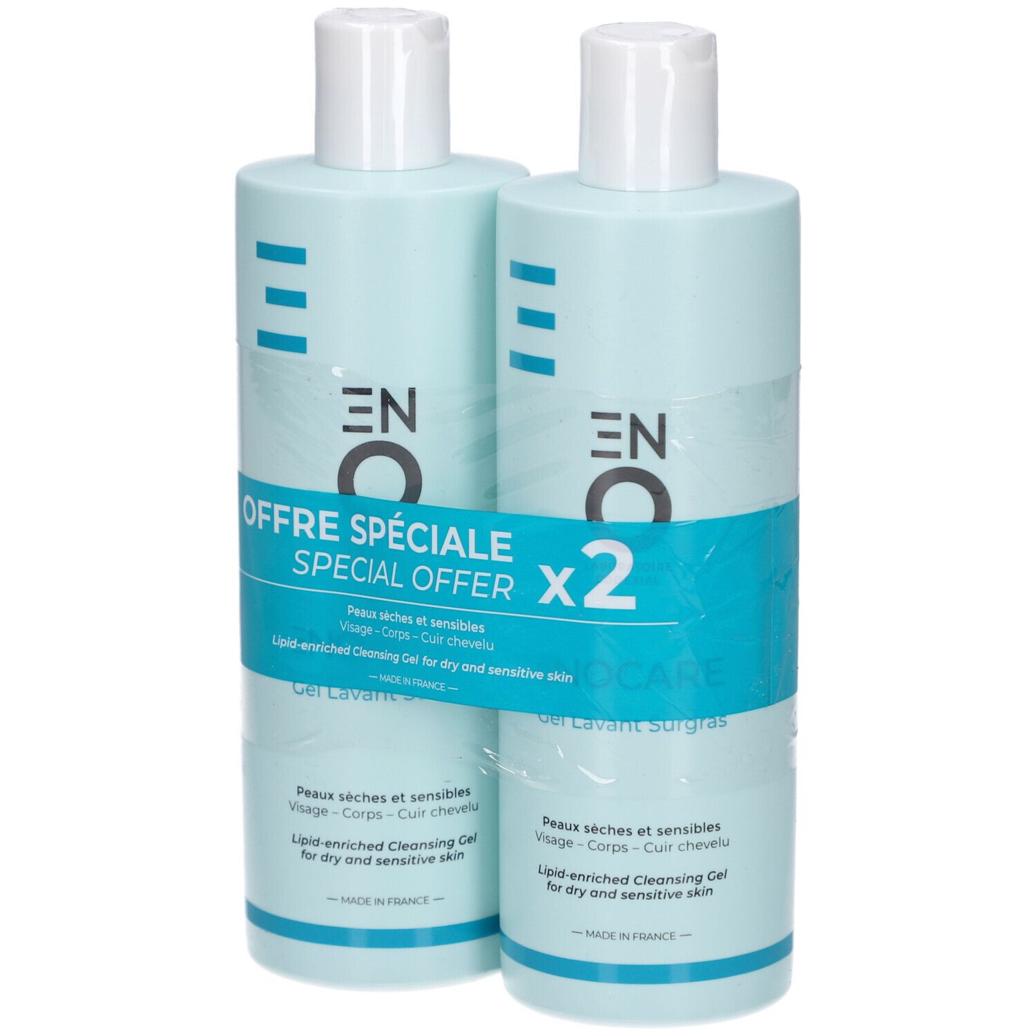 Deux flacons bleu clair avec bouchons blancs, emballés. Inscription : ENOCARE, OFFRE SPECIALE x2.