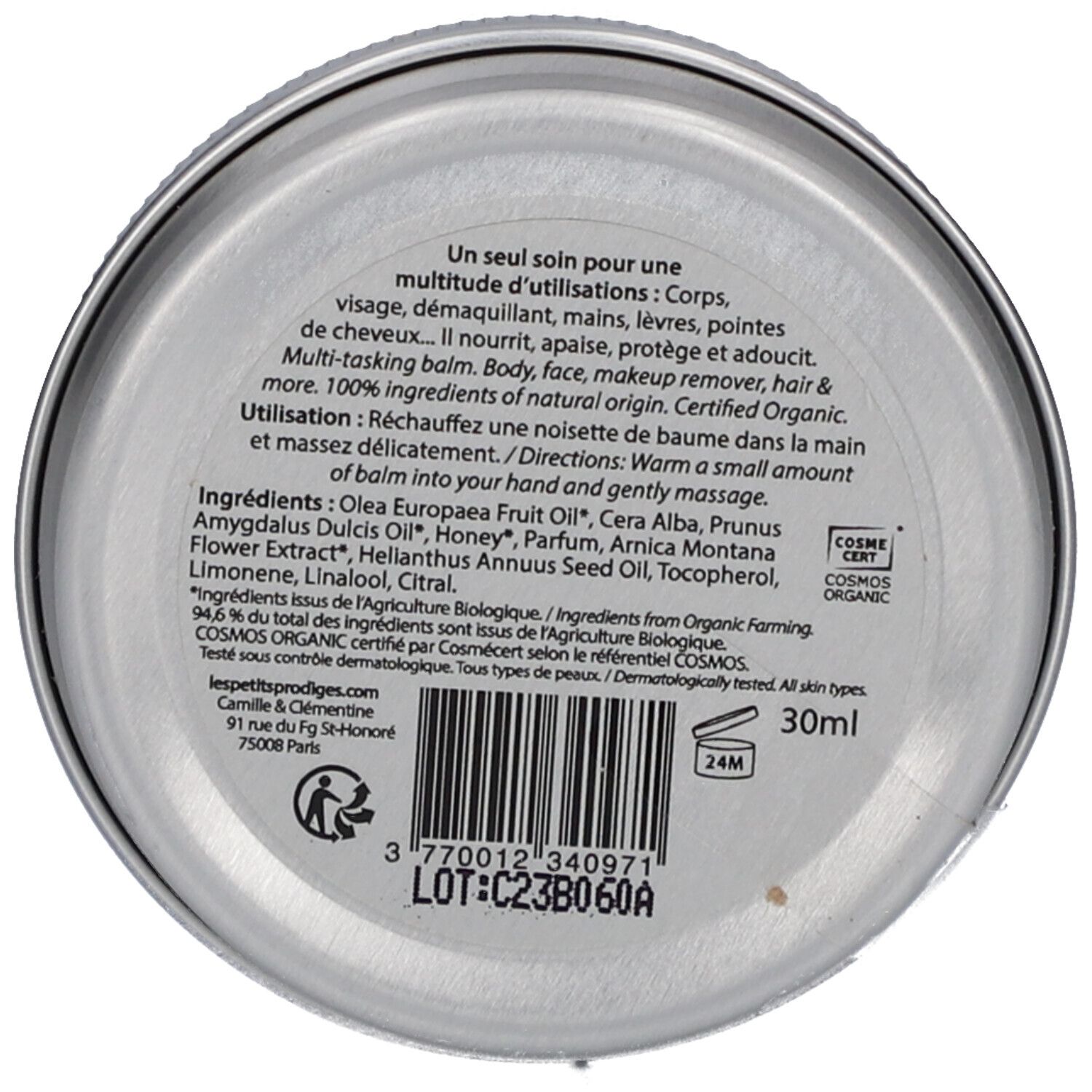 Fond de la boîte. Texte: Multi-tasking balm. Ingrédients, mode d'emploi. Certification COSMOS ORGANIC. 30ml.