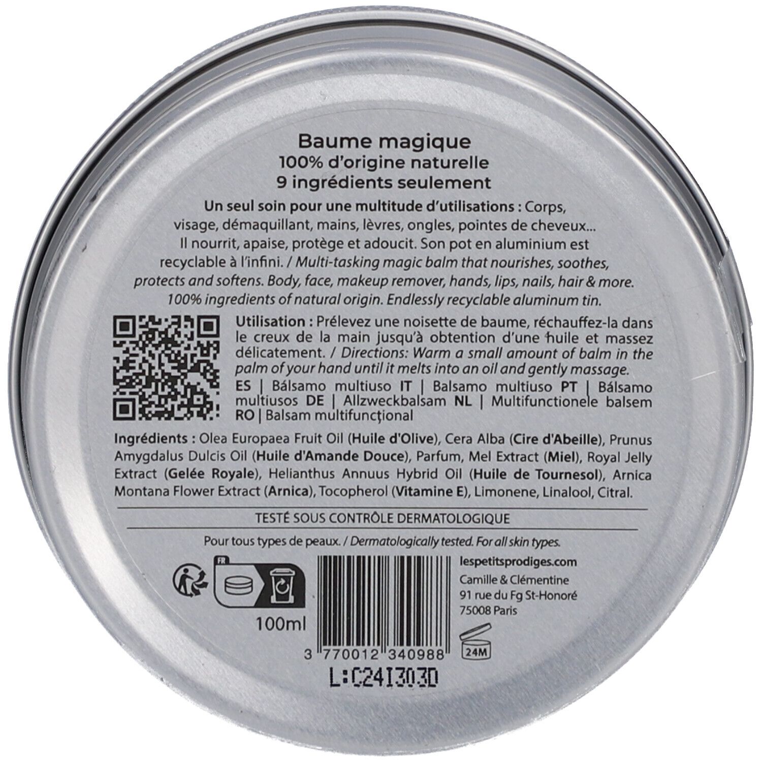 Boîte ronde avec texte. Inscription: Baume magique, 100% d'origine naturelle. Code QR. Ingrédients. Texte pour tous types de peaux. 100ml.