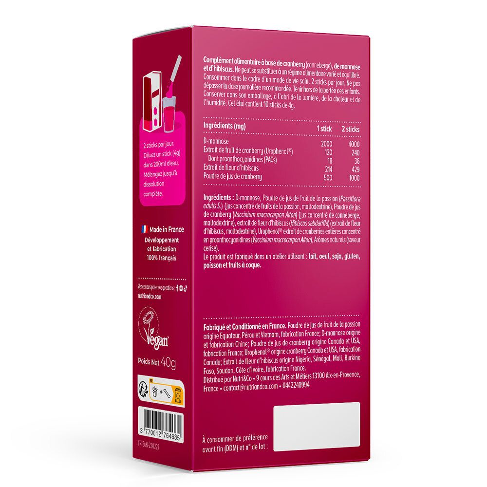 Dos de la boîte NUTRI&CO Cranberry Mannose. Ingrédients, informations nutritionnelles, et informations de fabrication.