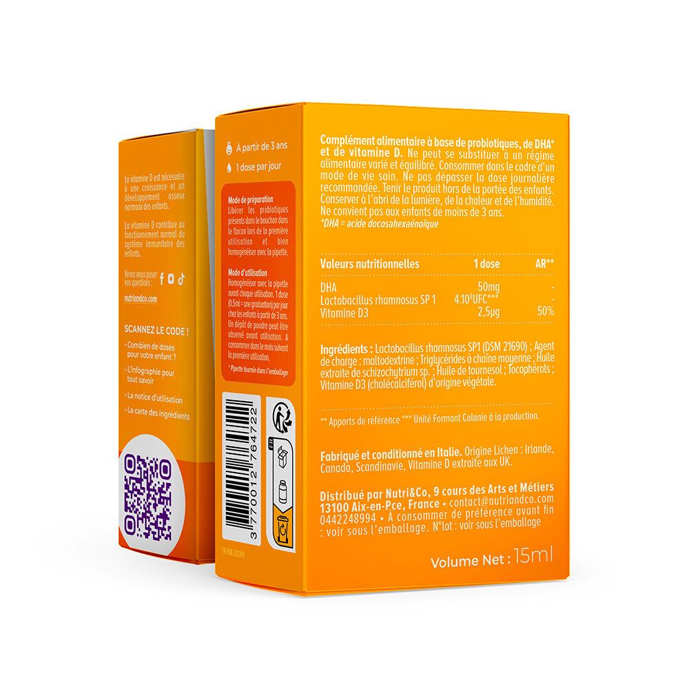 Dos de la boîte NUTRI&CO Pour les Enfants. Contient informations nutritionnelles et ingrédients. 15 ml.