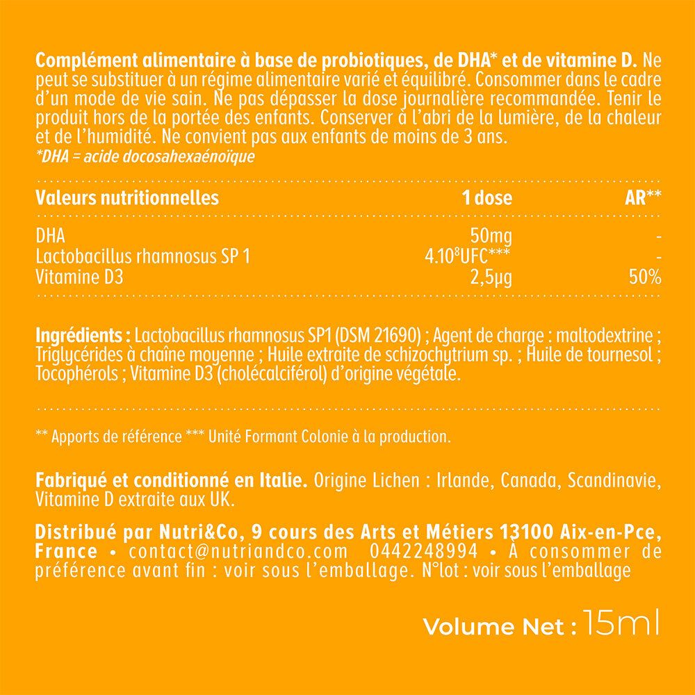 Gros plan sur les informations nutritionnelles et les ingrédients sur la boîte NUTRI&CO. 15 ml.