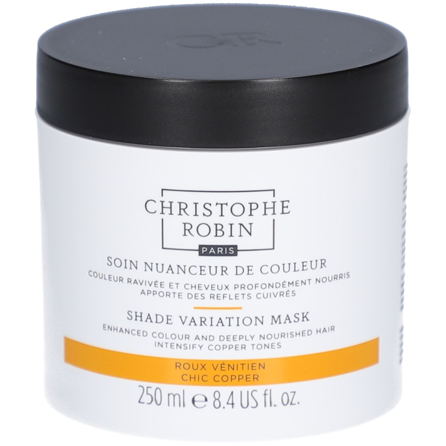 Pot blanc, couvercle noir. Texte: Christophe Robin, Shade Variation Mask, 250 ml.
