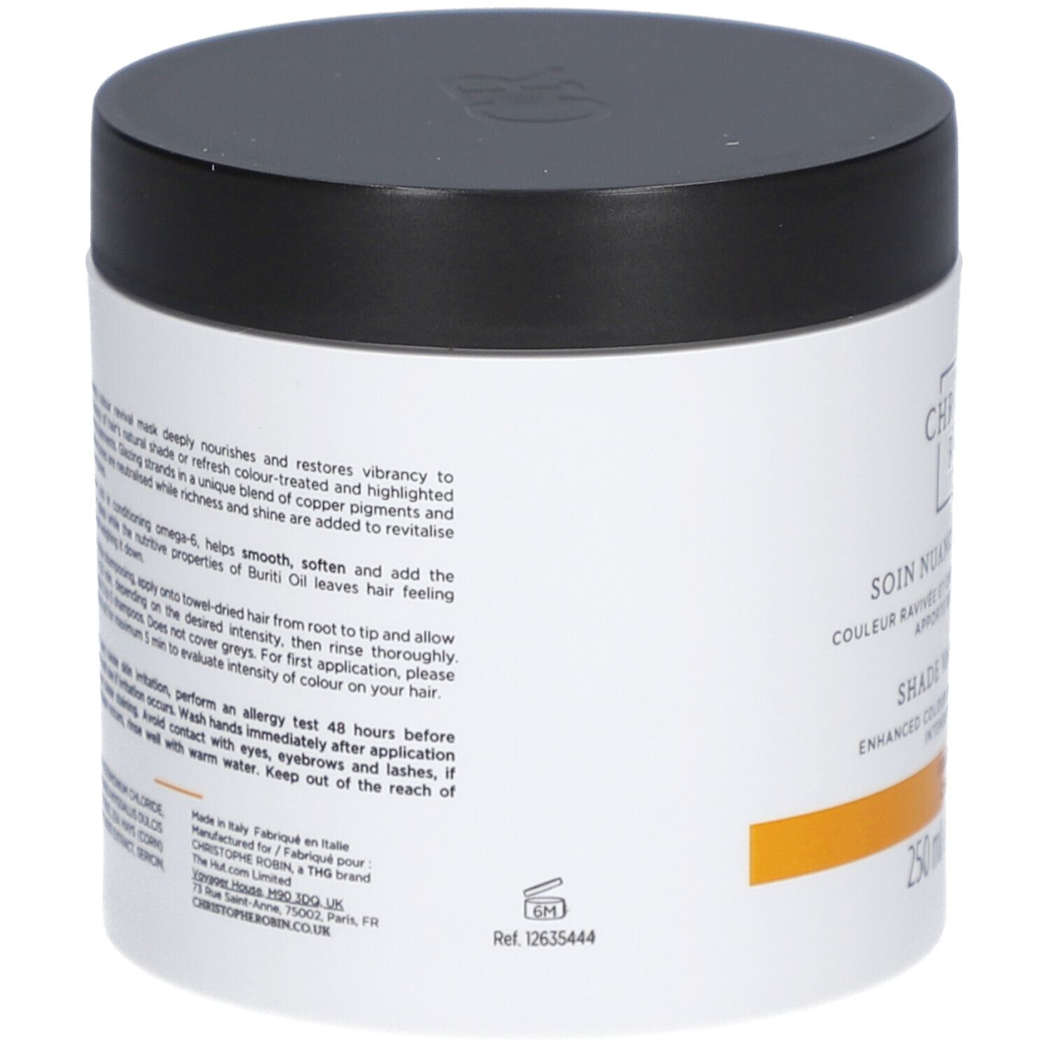 Pot blanc, couvercle noir. Texte sur le côté.