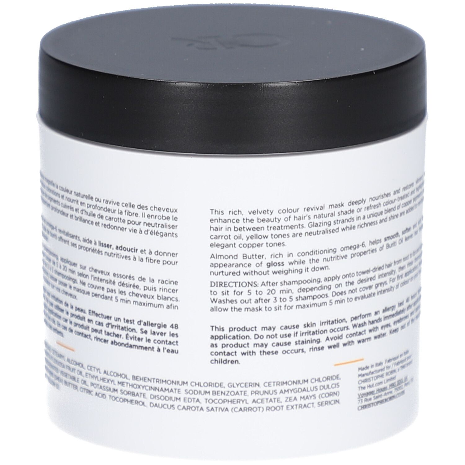 Pot blanc, couvercle noir. Texte sur le côté.