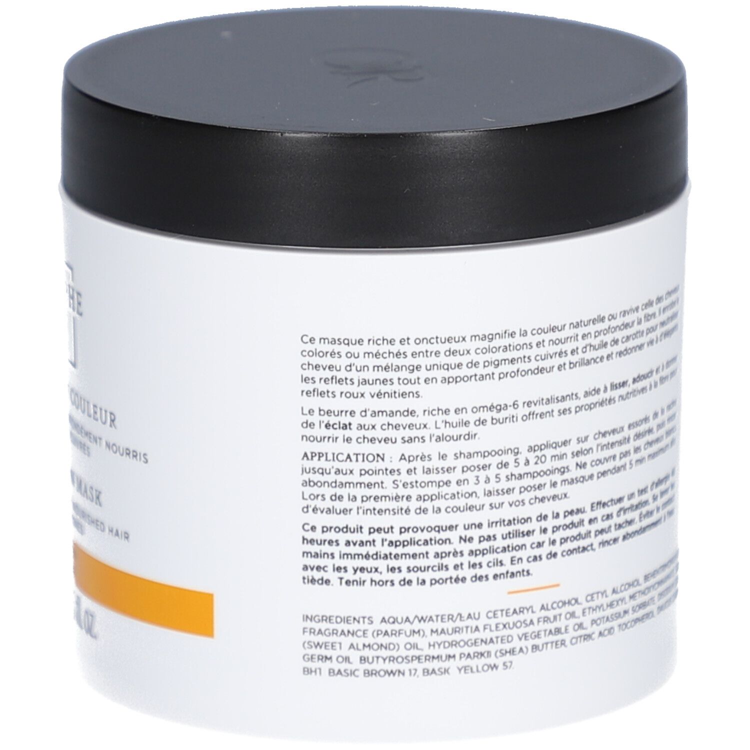 Pot blanc, couvercle noir. Texte sur le côté.