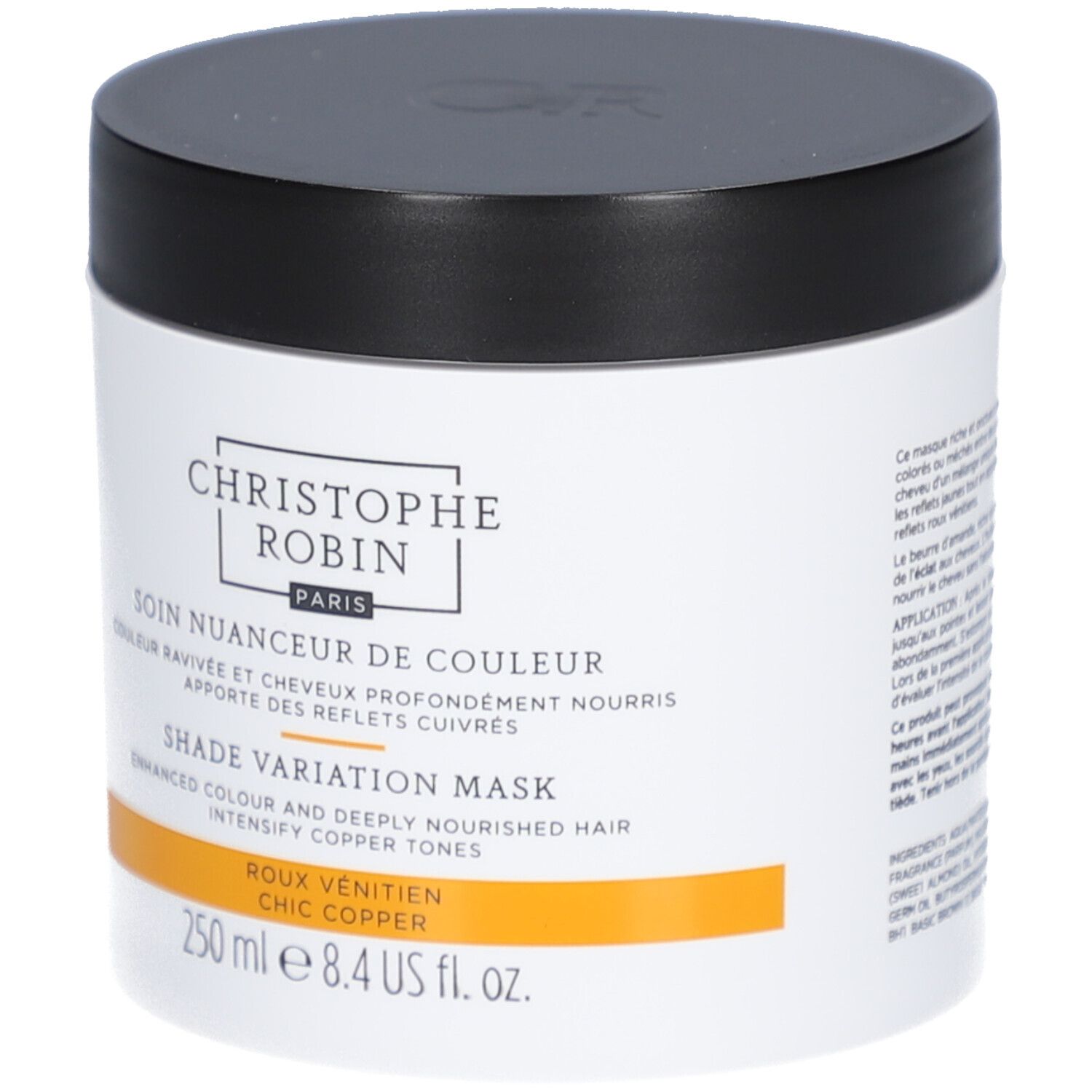 Pot blanc, couvercle noir. Texte: Christophe Robin, Shade Variation Mask, 250 ml.