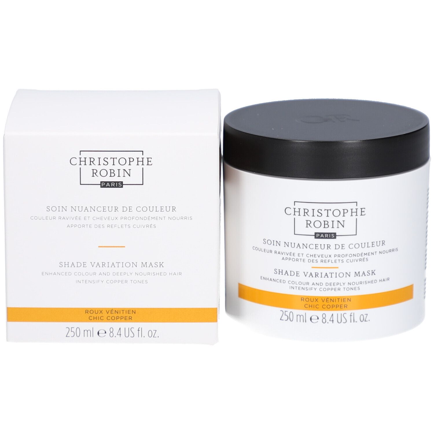 Boîte blanche et pot noir. Texte: Christophe Robin, Shade Variation Mask, 250 ml.